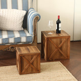 COLLECTIVE HOME - Wood Storage Ottoman, Rustic Storage Stool, 2 Pack Cube Seat Foot Rest Stool, Accent Side Table, Metal Storage Bin for Living Room Furniture, 16"/12" (Wood, barn Door) COLLECTIVE HOME