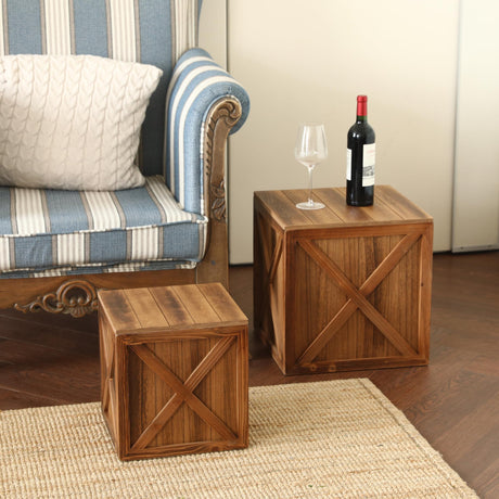 COLLECTIVE HOME - Wood Storage Ottoman, Rustic Storage Stool, 2 Pack Cube Seat Foot Rest Stool, Accent Side Table, Metal Storage Bin for Living Room Furniture, 16"/12" (Wood, barn Door) COLLECTIVE HOME
