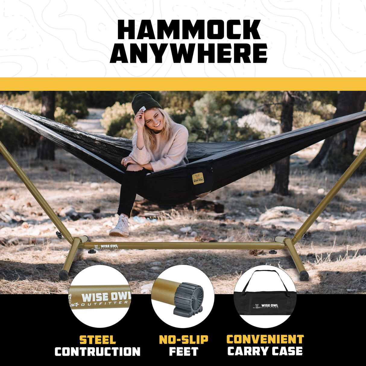 Wise Owl Outfitters Portable Hammock Stand, 106x42, 440lb Capacity - Sports & Outdoors Wise Owl Outfitters