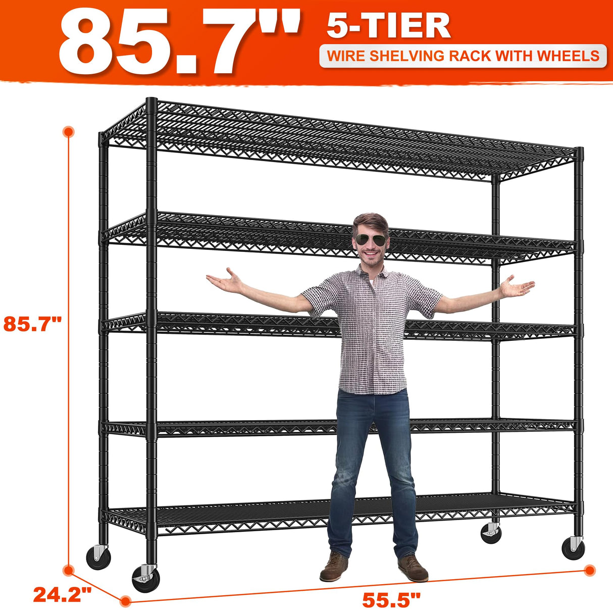 REIBII 85.7"H Storage Shelves 2998LBS Metal Shelving Units with Wheels&Feet, 5 Tier Garage Shelving Heavy Duty Adjustable Wire Shelf for Pantry Garage Commercial Industrials, 85.7"H X 55.5"W X 24.2"D REIBII