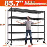 REIBII 85.7"H Storage Shelves 2998LBS Metal Shelving Units with Wheels&Feet, 5 Tier Garage Shelving Heavy Duty Adjustable Wire Shelf for Pantry Garage Commercial Industrials, 85.7"H X 55.5"W X 24.2"D REIBII