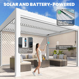MELLCOM Motorized Louvered Pergola 10x13, Solar and Electric Powered with LED and 4 Side Screens, Aluminum Adjustable Louvered Roof for Outdoor Shelter, Weatherproof, White MELLCOM