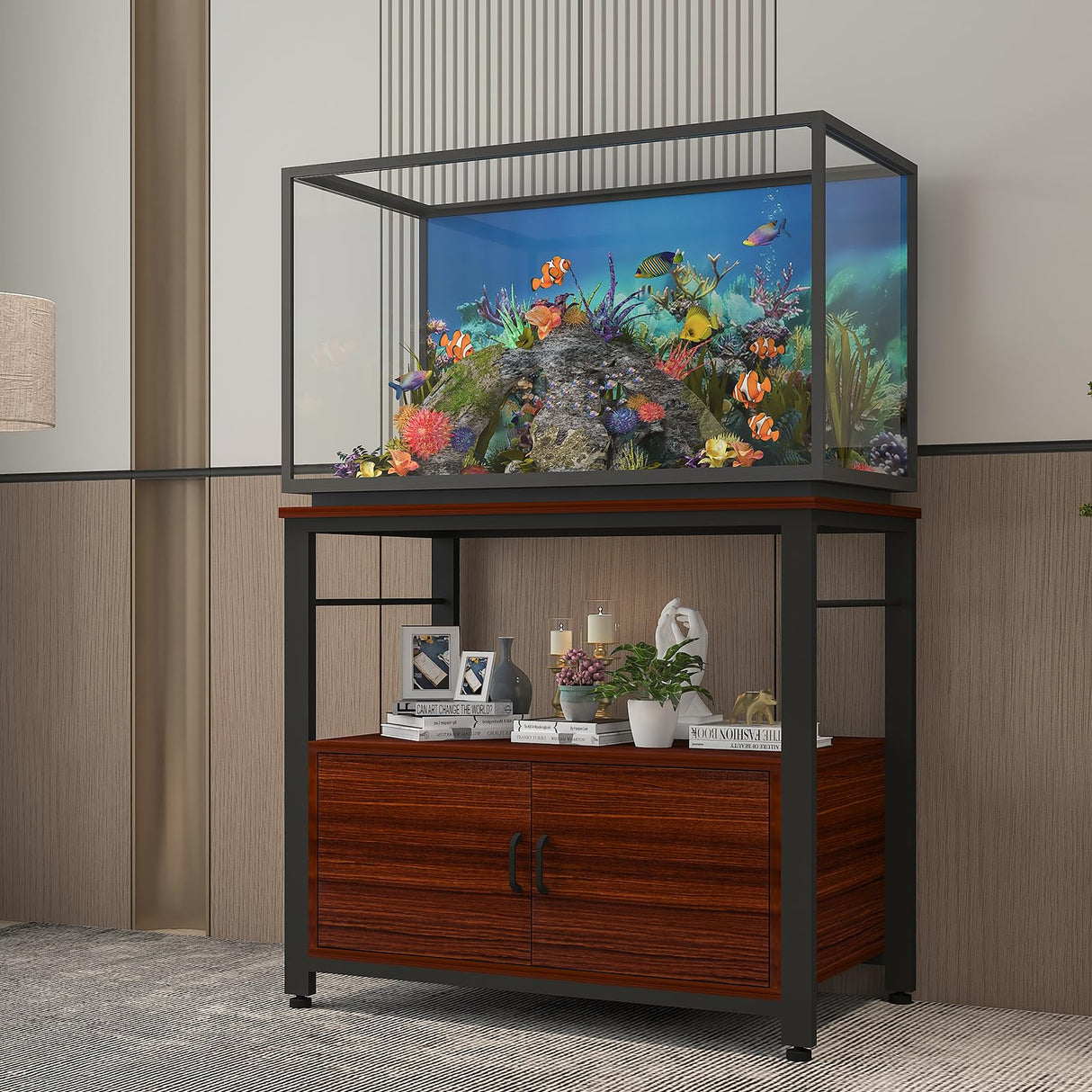 Avolander Fish Tank Stand Metal Aquarium Stand with Cabinet Accessories Storage 40-50 Gallon, Double Layer Metal with Storage Weight Capacity 760lbs, Black Teakwood Brown Avolander