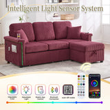 L-Shaped Sectional Sofa with Storage & Movable Ottoman, Corduroy 3 Seater Sectional Couch with USB Charging, Cup Holder & LED Light, Convertible Couches for Living Room (Wine Red, 76.38) Firscook