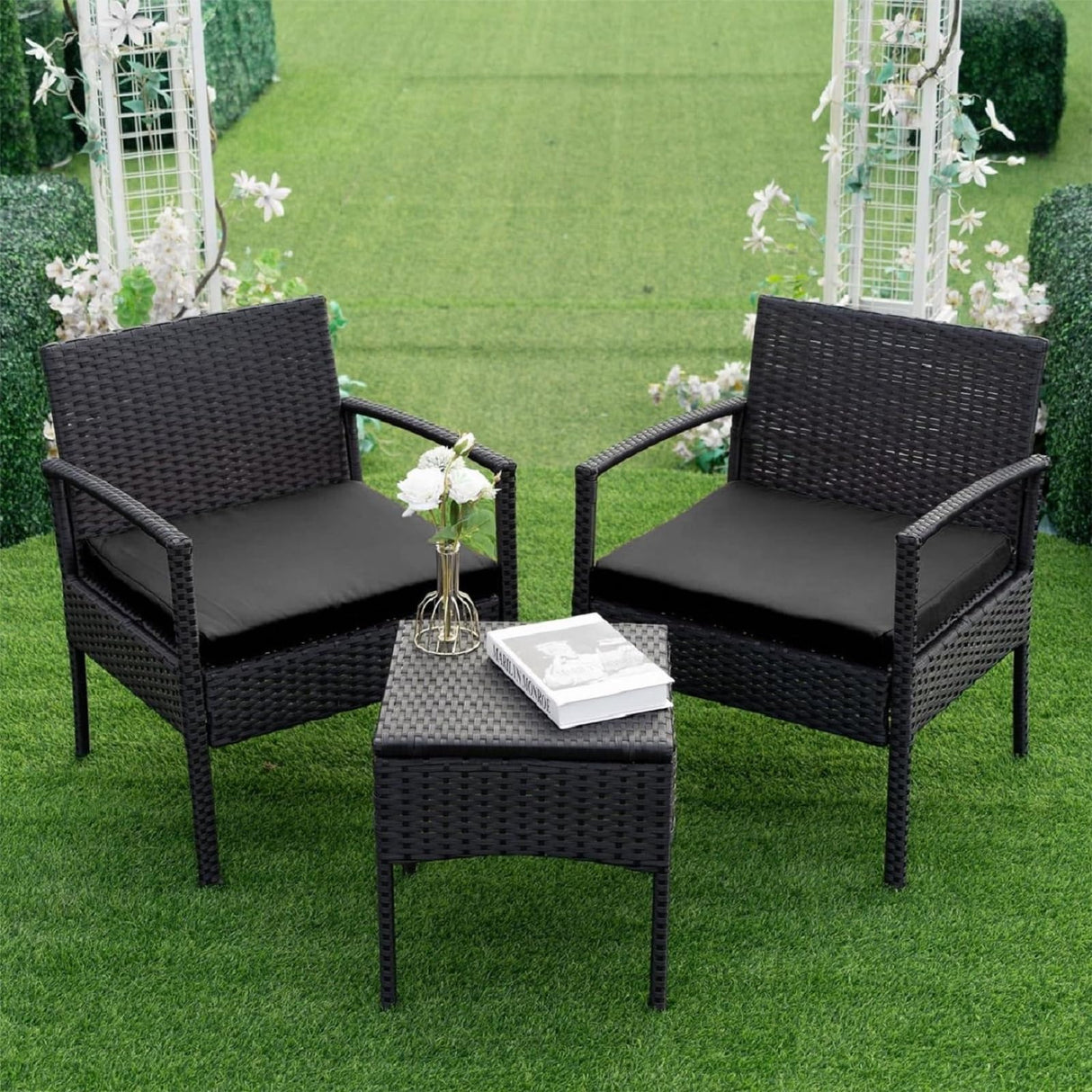 PROHIKER 3 PCS Patio Rattan Conversation Chairs Set, Outdoor Patio Furniture Balcony Furniture Set, Wicker Patio Set for Garden Porch Balcony Yard, Black PROHIKER