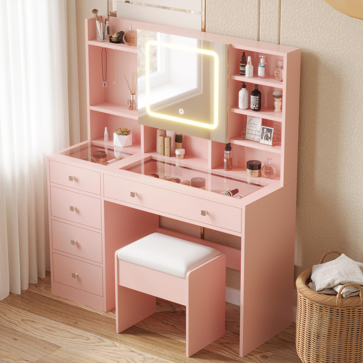 Karl home Makeup Vanity with Lighted Mirror Bedroom Vanity Desk with Charging Station Large Vanity Set with Transparent Desk, Drawers, Cabinet, Shelves for Storage in Bedroom, Light Pink Karl home