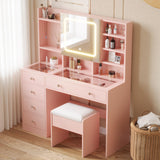 Karl home Makeup Vanity with Lighted Mirror Bedroom Vanity Desk with Charging Station Large Vanity Set with Transparent Desk, Drawers, Cabinet, Shelves for Storage in Bedroom, Light Pink Karl home