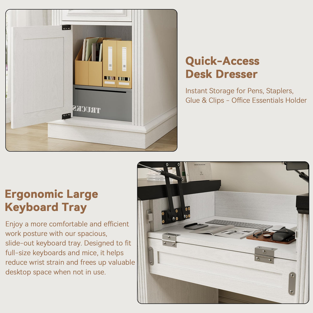 Farmhouse 57" Lift Desktop Executive Desk with 6 Drawers and Charging Station, Wood Home Office Computer Desk with File Cabinet Storage, Keyboard Tray,Headphone hook for Work,Study, Antique White Jocoevol