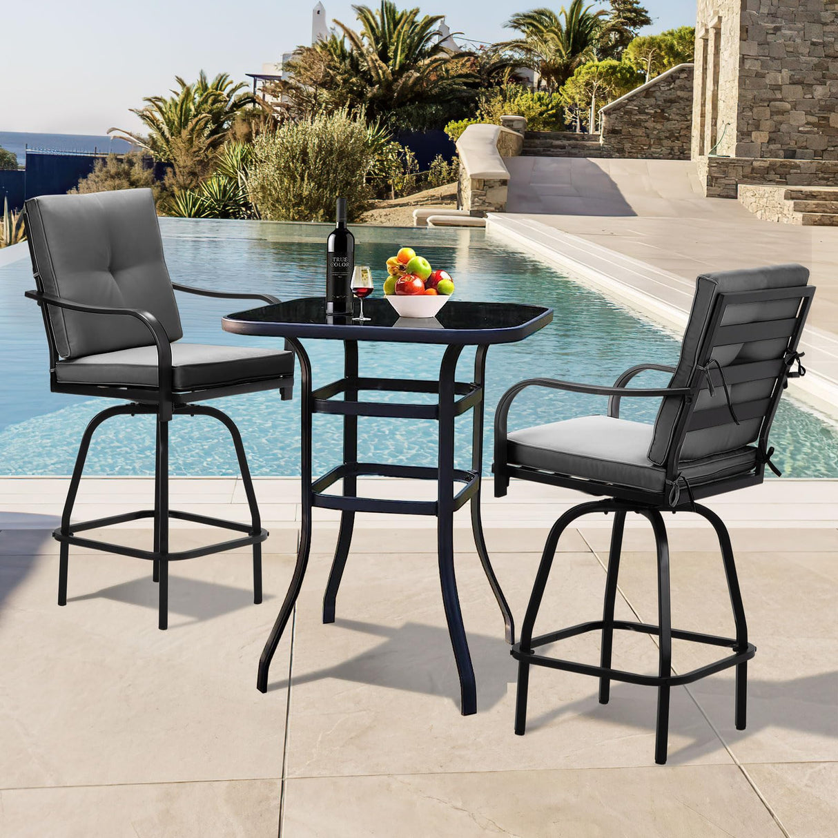 STRPRETTY BASIC Patio Swivel Bar Stools Set of 2, Outdoor Bar Height Patio Swivel Chairs with Cushion for Garden Balcony Backyard (Grey) STRPRETTY BASIC