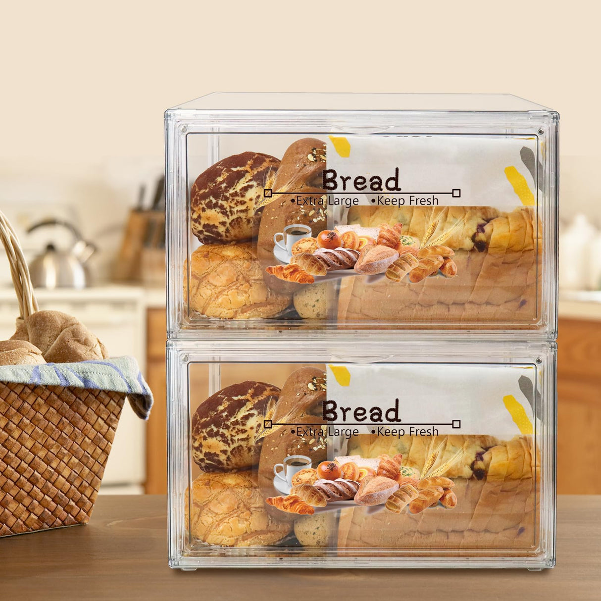 RISICULIS 2PCS Large Bread Box for Countertop, Stackable Double Layer Storage Container, Clear Boxes for Kitchen Counter, Bread Keeper for Homemade Bread, Bagel, Muffins, Rolls RISICULIS