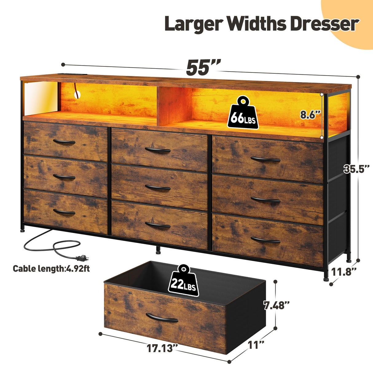 EnHomee 55" W Dresser TV Stand with Power Outlet & LED Lights for 65" TV, Dresser for Bedroom with 9 Fabric Drawers, TV Stand for Bedroom Long Dressers Console Table 55''W*11.8''*35.5'', Rustic Brown EnHomee