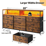 EnHomee 55" W Dresser TV Stand with Power Outlet & LED Lights for 65" TV, Dresser for Bedroom with 9 Fabric Drawers, TV Stand for Bedroom Long Dressers Console Table 55''W*11.8''*35.5'', Rustic Brown EnHomee