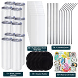 ROTERSTEIN 12 Pack 20 oz Sublimation Tumbler Set Double Walled Stainless Steel Skinny Straight Blank Tumbler Sublimation Cup with Lid, Straw, Shrink Wrap, Rubber Base for Heat Transfer Heat Press ROTERSTEIN