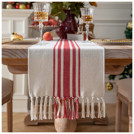 Christmas Table Runner 13 x 72 Inch for Dining Table, Boho décor Coffee Table Runner with Handcrafted Tassels, red and Beige Stripe Table Runner for Holiday, Winter Caflife
