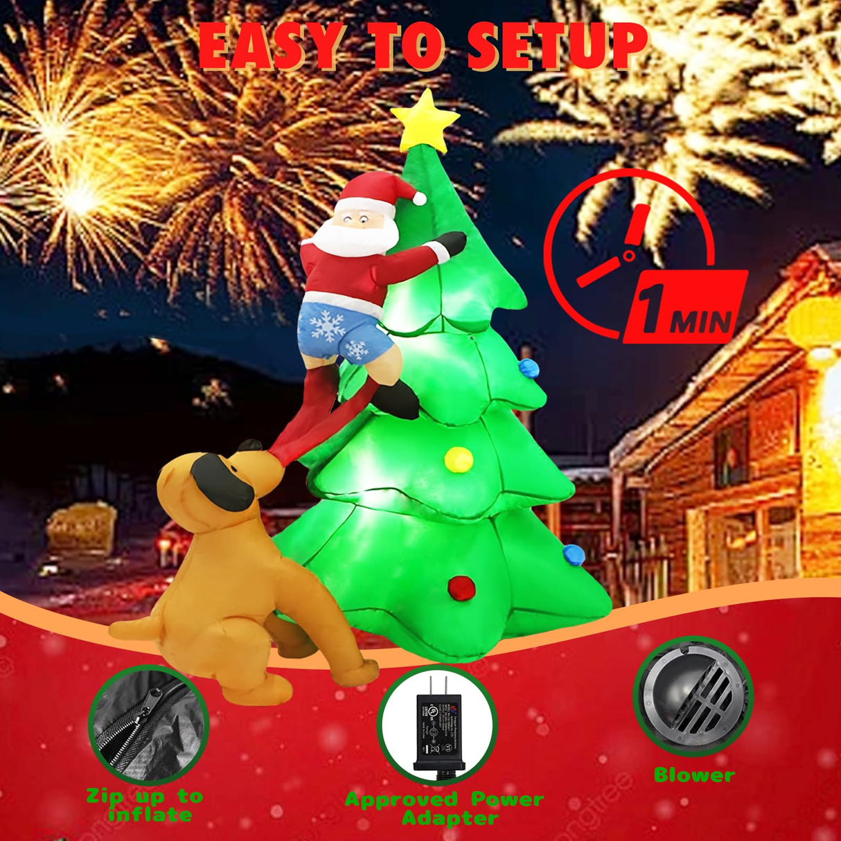 PIPIMOUSE 6FT Christmas Inflatables Tree Outdoor Decoration with LED Lights, Santa Claus Chased by Dog Inflatable Christmas Tree Blow Up Yard Decoration for Patio Lawn Garden Xmas Party Decor PIPIMOUSE