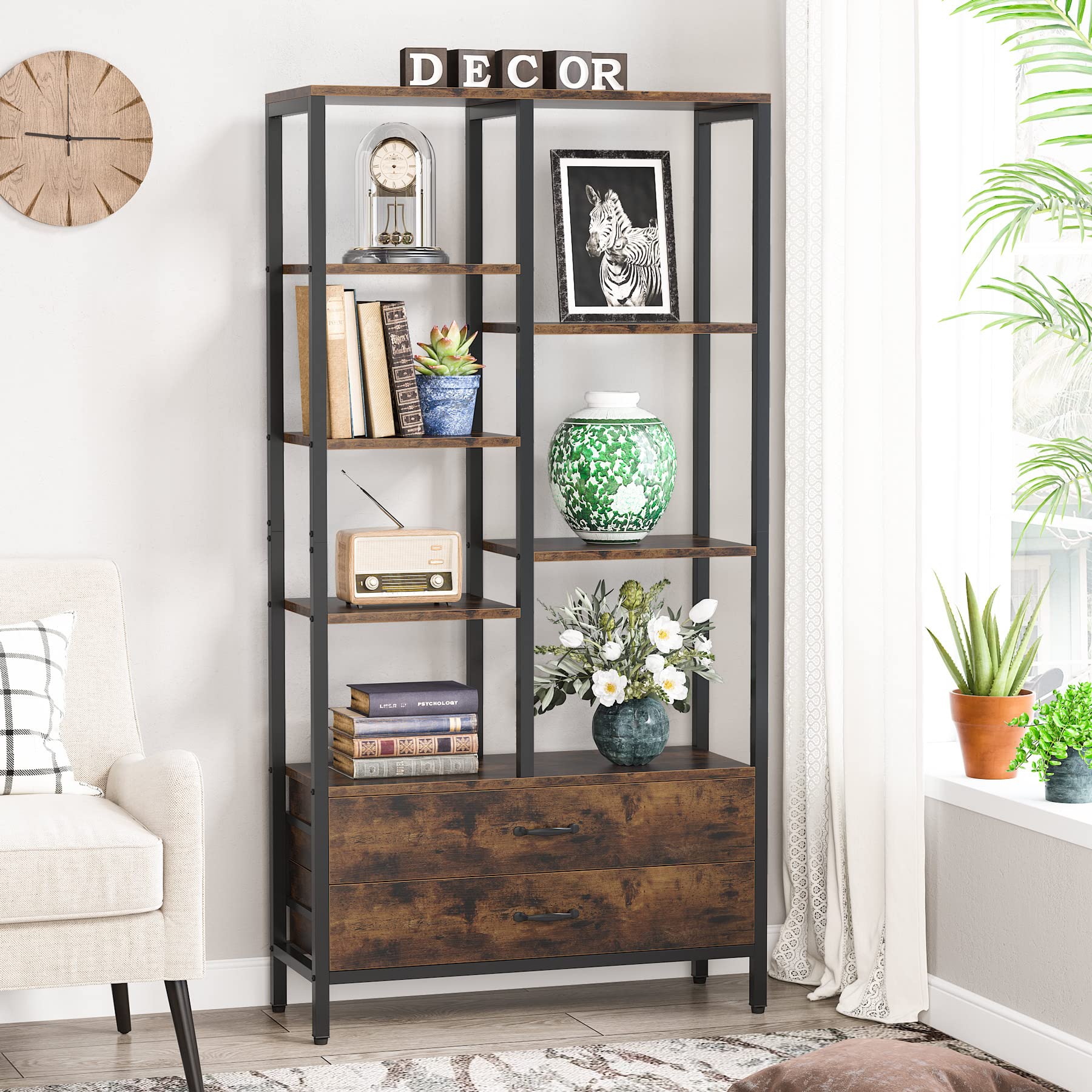 Modern Tall 5-Tier Bookshelf with Drawers by Tribesigns - Brown & Black Etagere Display Rack - WoodArtSupply