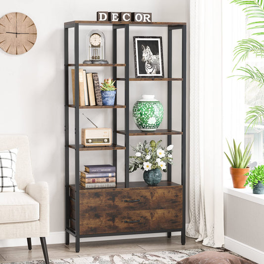 Tribesigns Industrial Tall Bookshelf with Drawers - Open Etagere Bookcase Organizer in Brown - WoodArtSupply