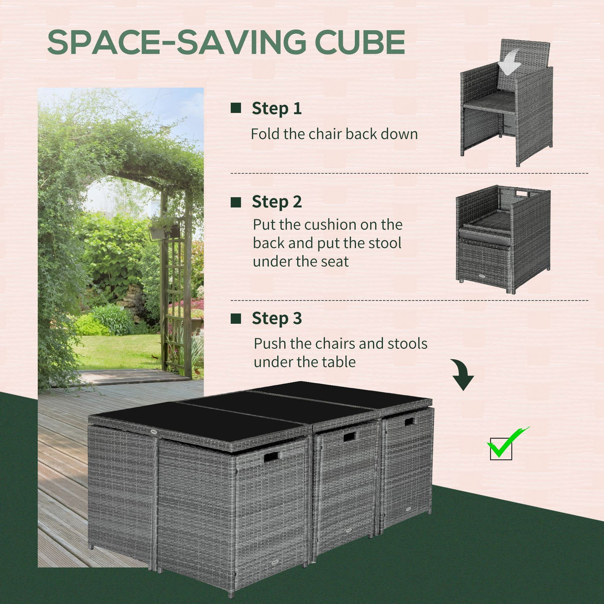 Outsunny 11 Pieces Outdoor Dining Set for 10, Space Saving Wicker Chairs and Glass Table with Cushions and Ottomans, Rattan Conversation Patio Furniture Set for Garden Backyard Deck, Dark Gray Outsunny