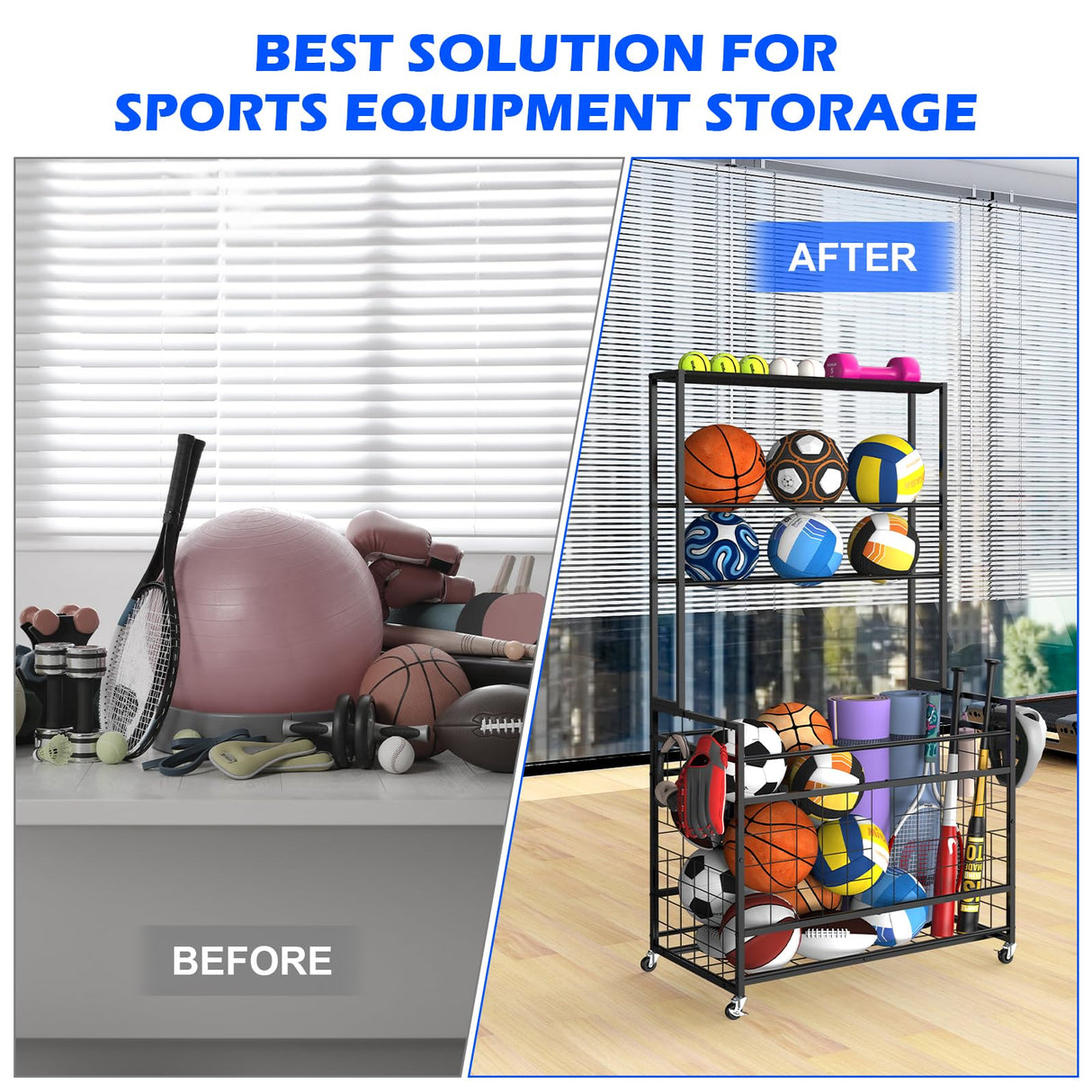 Luplom Sports Equipment Organizer Garage Ball Storage Rack for Sports Gear and Toys, Basketball Holder Stand with Basket and Hooks Rolling Ball Carts with Wheels for Indoor/Outdoor Use, Black Luplom
