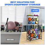 Luplom Sports Equipment Organizer Garage Ball Storage Rack for Sports Gear and Toys, Basketball Holder Stand with Basket and Hooks Rolling Ball Carts with Wheels for Indoor/Outdoor Use, Black Luplom