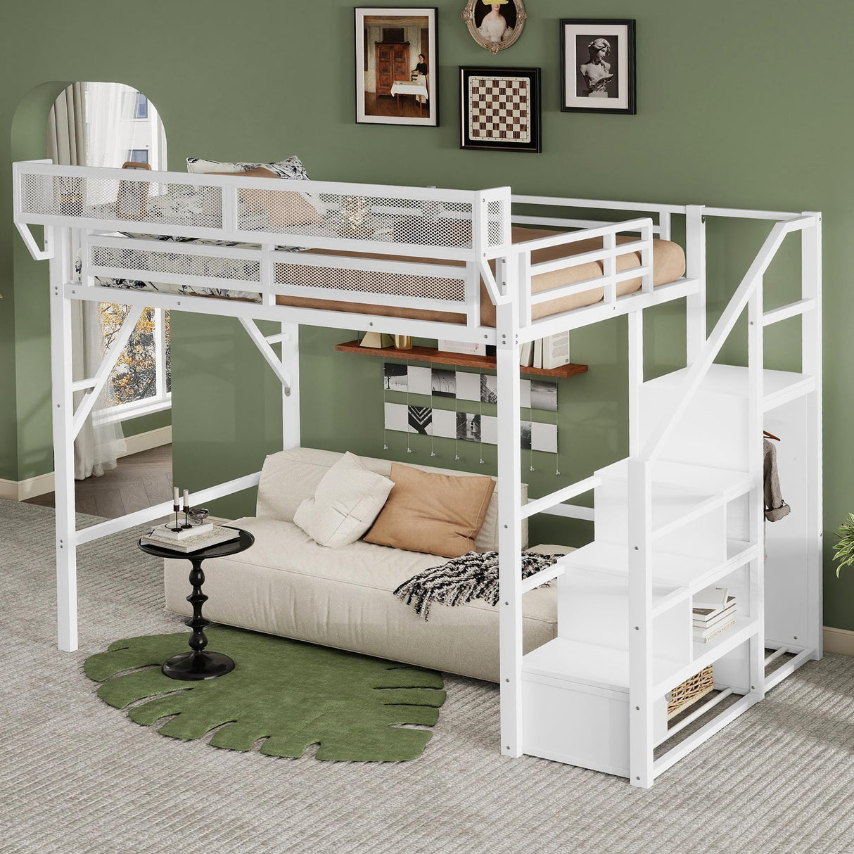 Mirightone Full Size Loft Bed with Stairs and Storage, Metal Loft Bed Frame with Bedside Shelf and Large Under-Bed Space, Heavy-Duty Loft Beds for Adults Teens and Kids, White Mirightone