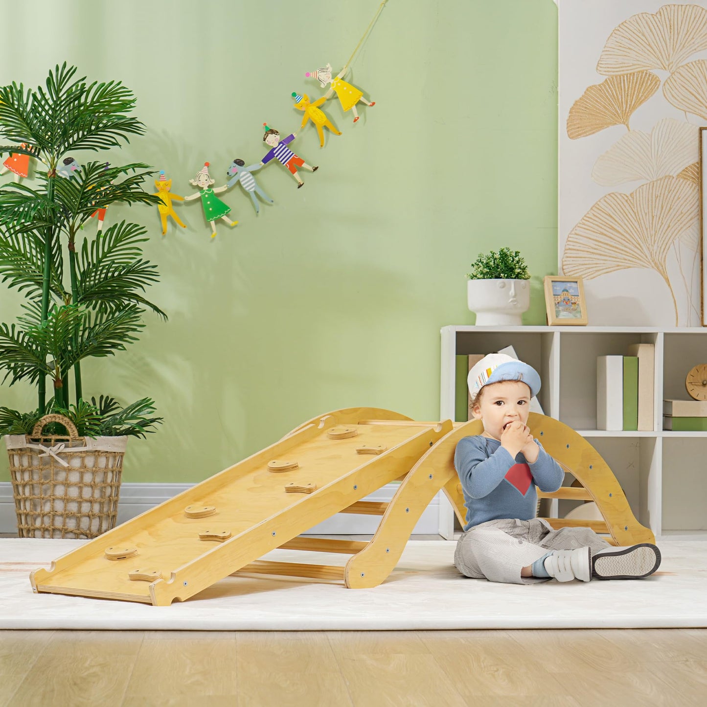 Qaba Toddler Climbing Toys, Indoor 4 in 1 Pikler Climbing Set with Arch Climber, Ramp & Cushion, Wooden Montessori Climbing Set, Baby Play Gym for Indoor Playground, Wood