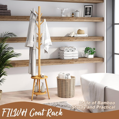FILWH Freestanding Coat Rack with Umbrella Organizer Tray Bamboo Coat Tree Rack with 8 Hook Stand for Clothes Bag Hats Entryway Hanger Stand(Nature) FILWH