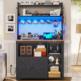 Itaar 35.4 inch Coffee Bar Cabinet, Bakers Rack with Power Outlet and Storage, Farmhouse Microwave Stand Kitchen Cabinet with Hutch, LED Lights, Wine Glass Holder and 8 Hooks, Black Itaar
