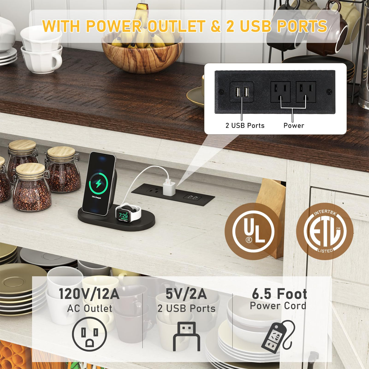 Hlivelood 75" Farmhouse TV Stand with Power Outlets for 85 Inch TVs, 33" Tall Entertainment Center with Storage Cabinets w/Adjustable Shelves, Rustic Large TV Media Console, Rustic White Hlivelood