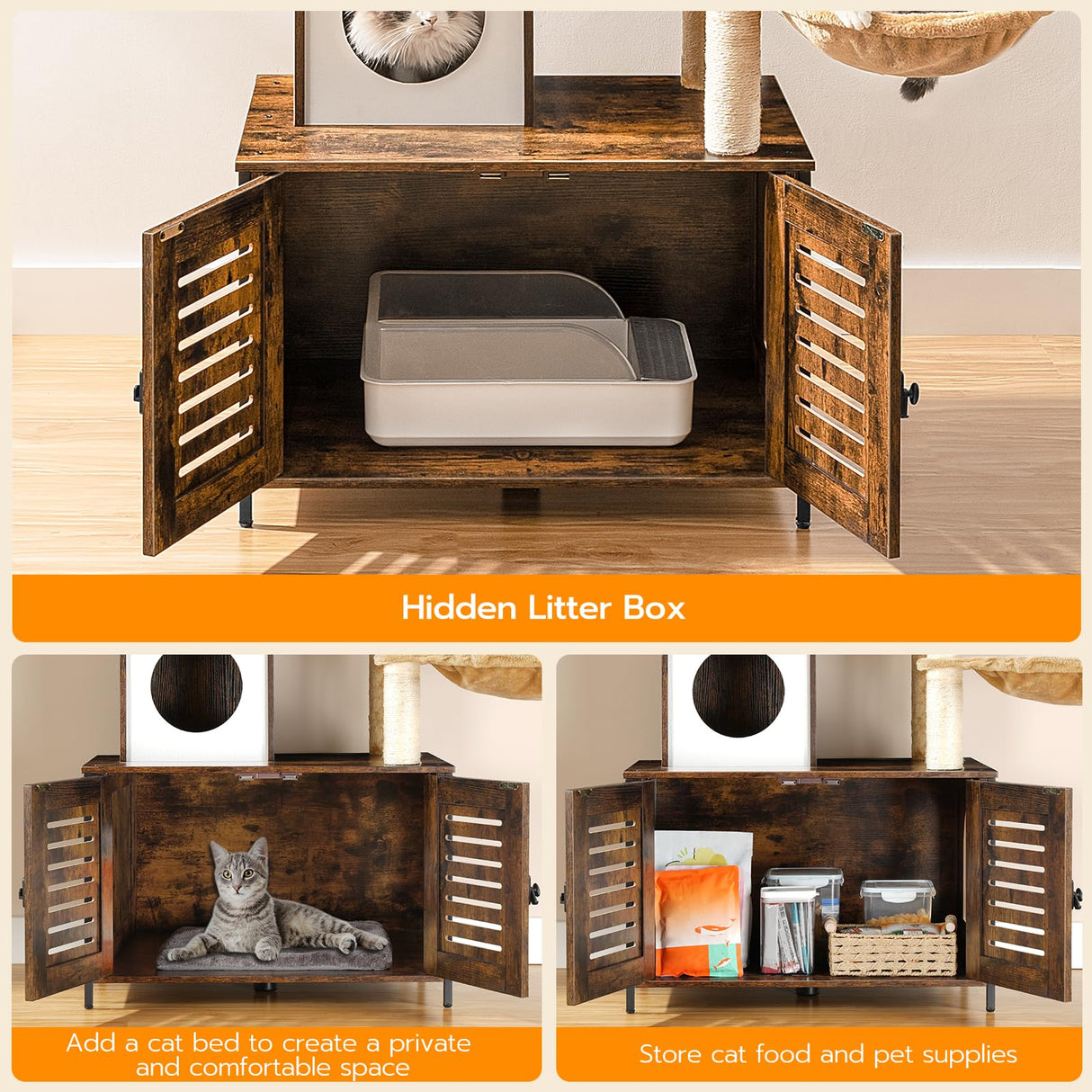 HOOBRO Cat Tree with Litter Box Enclosure, Scratching Posts, Litter Box Enclosure Furniture for Indoor Cats, All-in-One Wooden Cat Tower Condo House with Cat Hammock, Rustic Brown BF14MZ03 HOOBRO