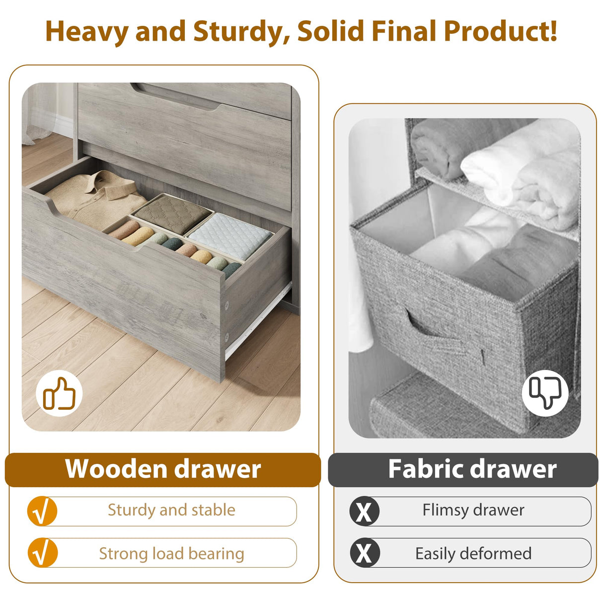 GarveeHome 5 Dresser for Bedroom, 51" Tall Dresser, Freestanding Vertical Drawer Dresser with Storage, Wooden Closet Dresser Storage Dresser Chest for Living Room, Hallway, Entryway, Ash Grey GarveeHome