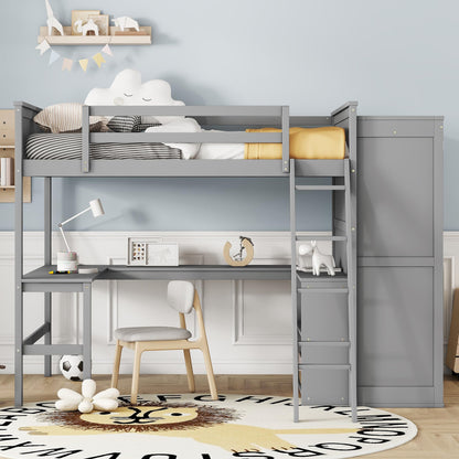 SOFTSEA Grey Full Size Loft Bed with Wardrobe, Desk & Storage Shelves for Enhanced Living - WoodArtSupply