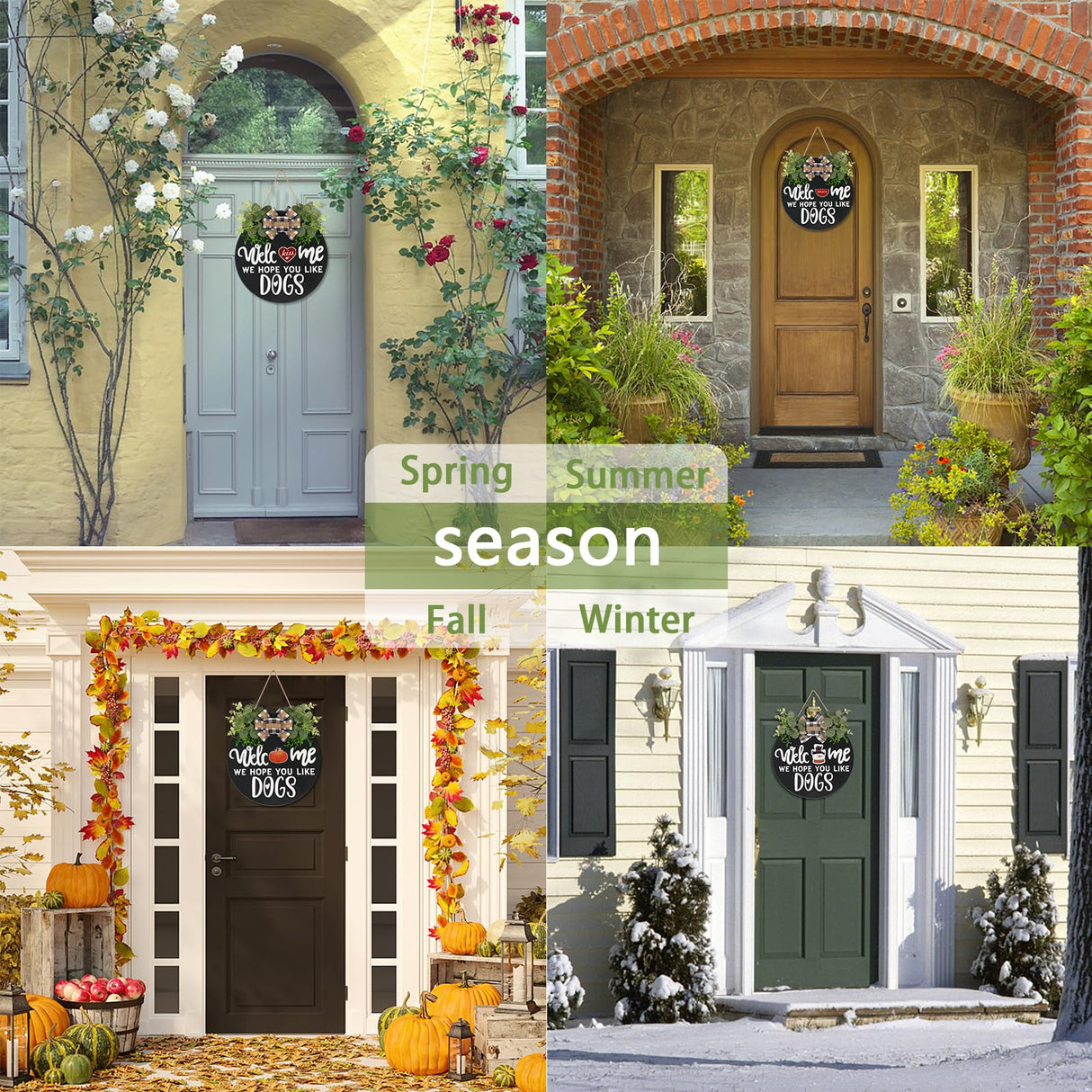 Interchangeable Wooden Seasonal Welcome Sign, Rustic Round Dogs Sign Front Door Wreaths for Home/Wall/Porch Decor, for Easter Spring Summer Fall Halloween Christmas All Season Decorations RoseCraft