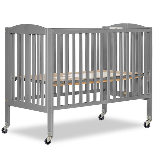 Dream On Me Folding Full Size Convenience Crib In Storm Grey, Two Adjustable Mattress Height Positions, Comes With Heavy Duty Locking Wheels, Flat Folding