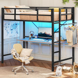 Hasuit Twin Loft Bed with LED Lights, Metal Loft Bed Twin Size with Full-Length Guardrail &Clothes Rack, Heavy Duty Metal Loft Bed Frame, Space-Saving, Noise Free, No Box Spring Needed, Black Hasuit