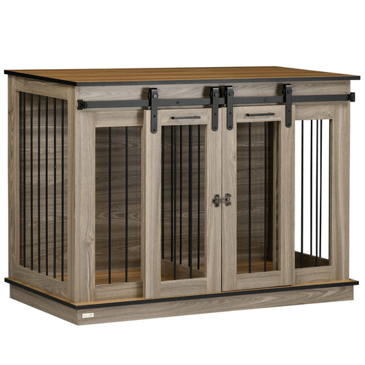 PawHut Dog Crate Furniture with Divider, Dog Crate End Table for Small to Large Dogs, Large Indoor Dog Kennel with Double Doors, 47" W x 23.5" D x 35" H, Oak - WoodArtSupply