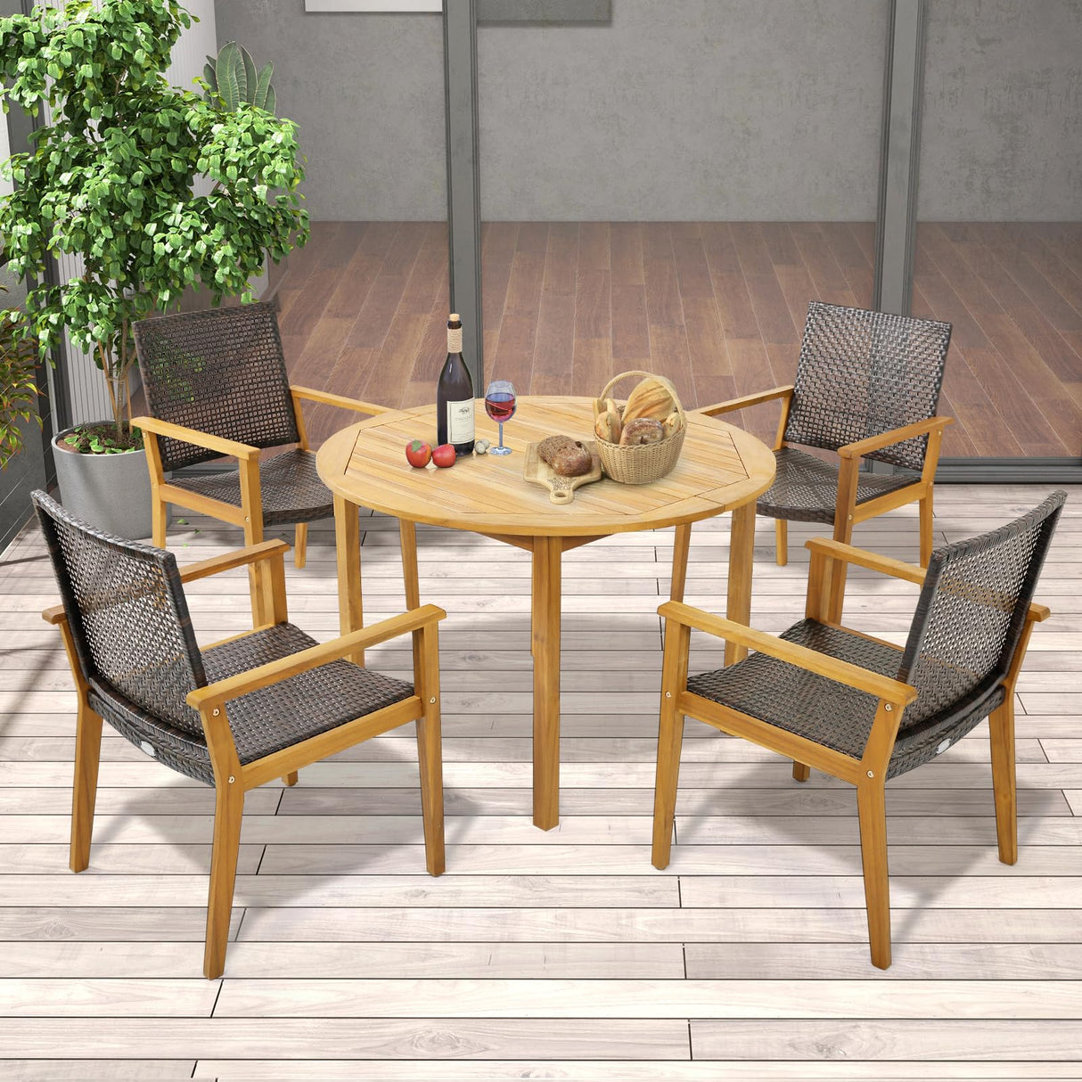 Tangkula Patio Dining Chairs Set of 4, Outdoor Acacia Wood & PE Wicker Chairs with Armrests, Outdoor Rattan Armchairs for Garden, Backyard, Poolside, Balcony (Mix Brown) Tangkula