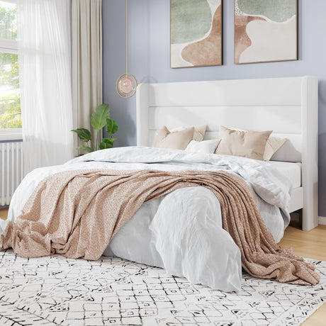 SHA CERLIN Full Size Velvet Bed Frame/Vertical Channel Tufted Wingback Headboard/Upholstered Platform Bed with Wooden Slats/Mattress Foundation/No Box Spring Needed/Easy Assembly/White SHA CERLIN