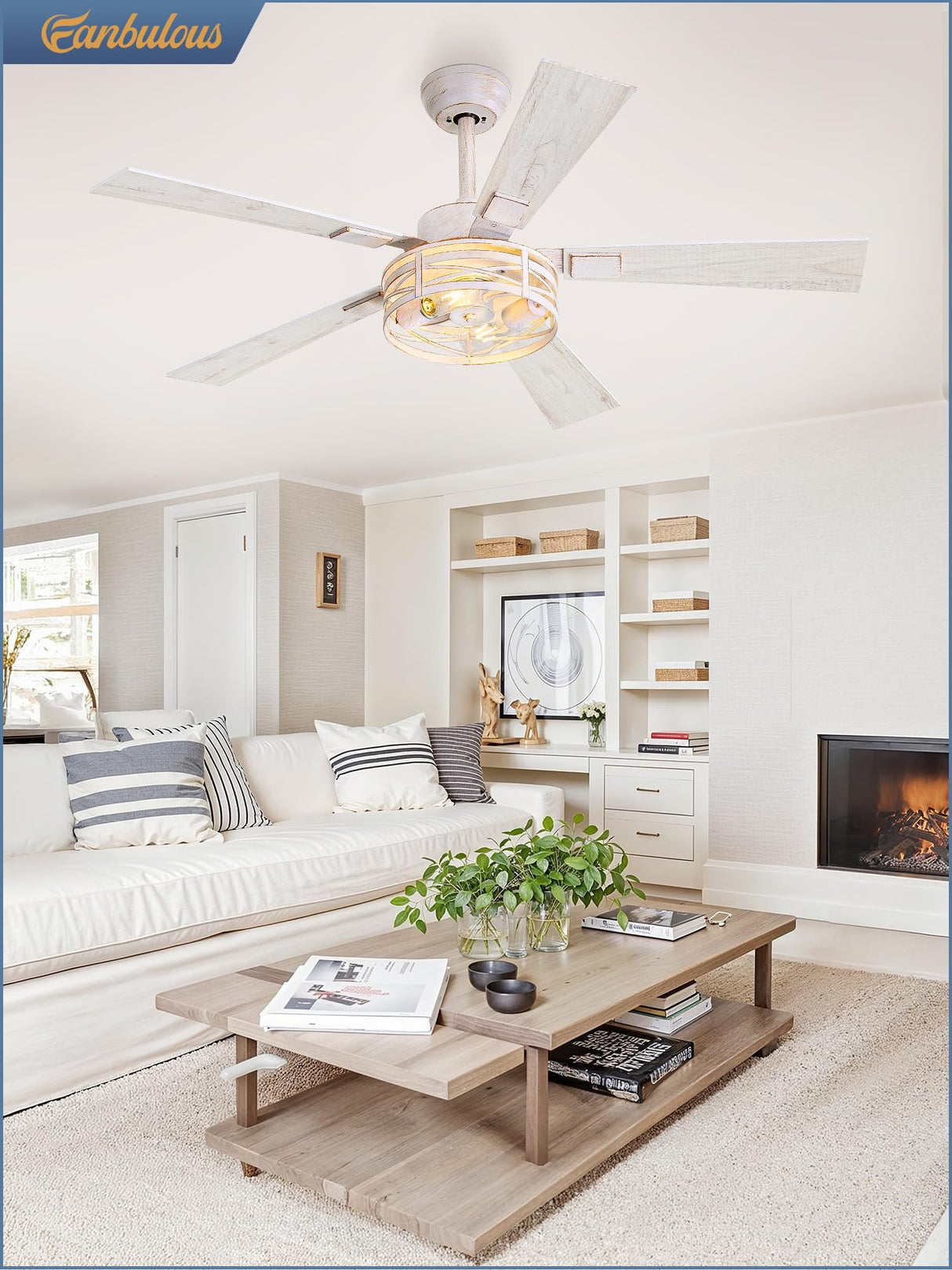 Farmhouse Ceiling Fans with Light, 48 Inch Bedroom Ceiling Fan with Lights, 6-Speed Adjustable, Quiet and Reversible DC Motor, 5 Dual Finish Blades, Rustic Caged Ceiling Fan，White and Gold Color Fanbulous