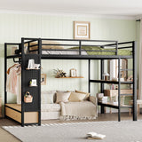 Bellemave Queen Size loft Bed with Wardrobe and Storage Shelves and Pegboard Drawers, Metal Queen Loft Bed Frame for Adults, Kids, Teens, Black Bellemave