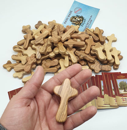 Zuluf 100 Small Olive Wood Comfort Crosses from Bethlehem Israel | Pocket Holding Crosses | Comes With 100 Holy Land Certificates 6cm / 2.5 Inch Each Cross - CRS301 - WoodArtSupply