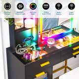 WOOVIVS RGB Vanity Desk with Sliding Mirror and Lights, LED Makeup Vanity with Charging Station/Motion Sensor Light, Glass Top Vanities Dressing Table Set with Jewelry Box,6 Drawers,Stool (Black) WOOVIVS