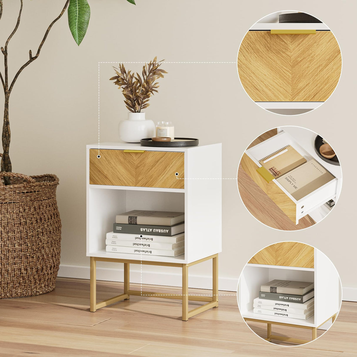 Masupu Nightstand,Modern Night Stand Boho Farmhouse Wood Bedside Table with Storage Drawer Side End Table for Bedroom,Living Room,Office,White Masupu