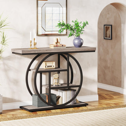 Tribesigns 41.3" Console Table, Industrial 4-Tier Sofa Table Entryway Table with Circle Base, Narrow Wood Accent Tables with Storage Shelves for Living Room, Hallway, Foyer, Gray - WoodArtSupply