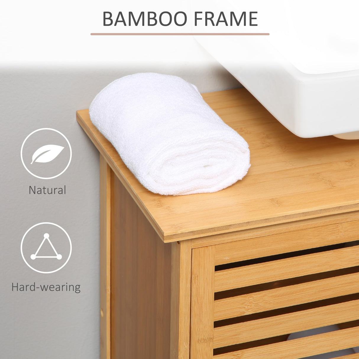 kleankin Under Sink Cabinet, Bamboo Bathroom Vanity Cabinet with 2 Slat Doors, Freestanding Bathroom Sink Cabinet, Natural kleankin