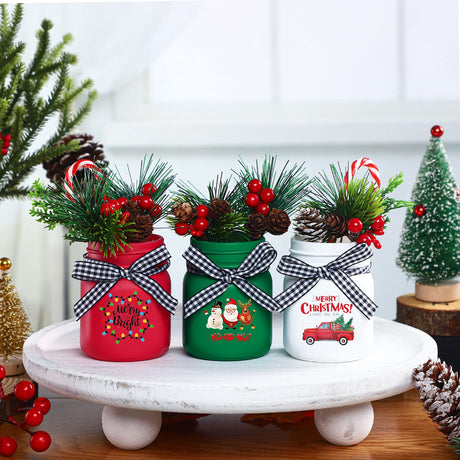 Hoolerry 3 Pcs Christmas Mini Mason Jar Farmhouse Tiered Tray Decor Glass Christmas Mason Jars with Lids Xmas Table Centerpieces Decoration for Holiday Winter Home Kitchen Tray Decor Hoolerry