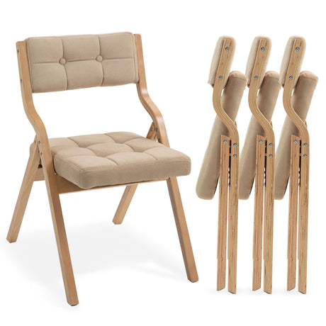 HOMEFUN Folding Chairs with Cushion, Wooden Padded Folding Chairs 4 Pack, Portable and Assembled Folding Dining Chair for Guests Kitchen Office Wedding and Party, Khaki HOMEFUN