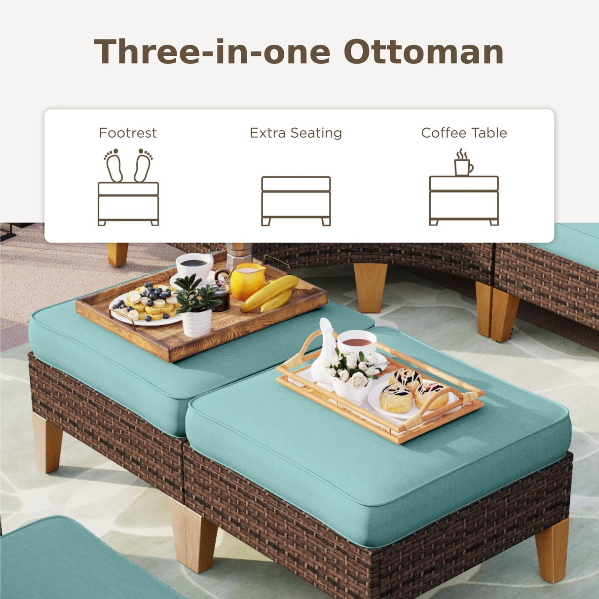 PHI VILLA 6-Piece Wicker Patio Furniture Set with Fire Pit Table, Outdoor Half-Moon Curved Sectional Sofa with Cushions, 56” Gas Fire Pit Table and Ottomans, Aqua Blue PHI VILLA