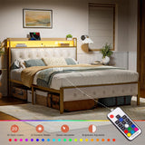 HAUSOURCE LED Bed Frame Full Size with Storage Headboard Platform Bed Frame with 2 Charging Outlets and 2 USB Ports Non-Slip Without Noise Strong Metal Slats Support No Box Spring Needed,White HAUSOURCE