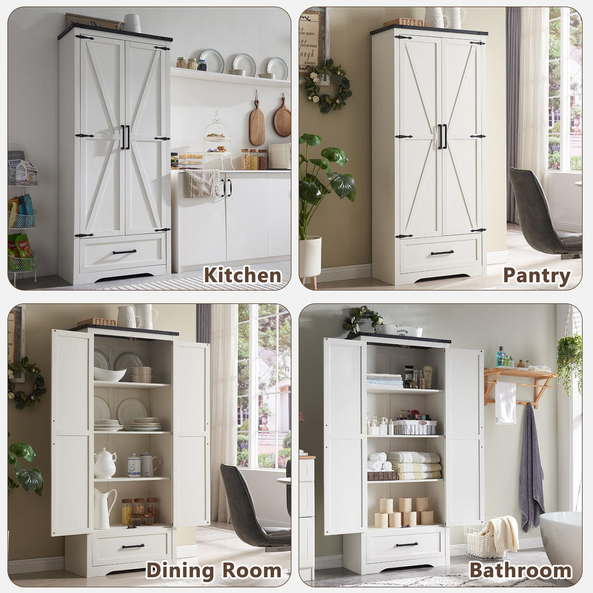 XIASLO 72" Tall Wood Storage Cabinet, Farmhouse Kitchen Pantry Cabinet with Adjustable Shelves & Drawer & Barn Doors, Versatile Storage for Kitchen, Dining Room, Bathroom, Antique White XIASLO